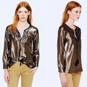 J Crew Black‎ Label Metallic Gold Silk Blend Tunic Blouse, size 4